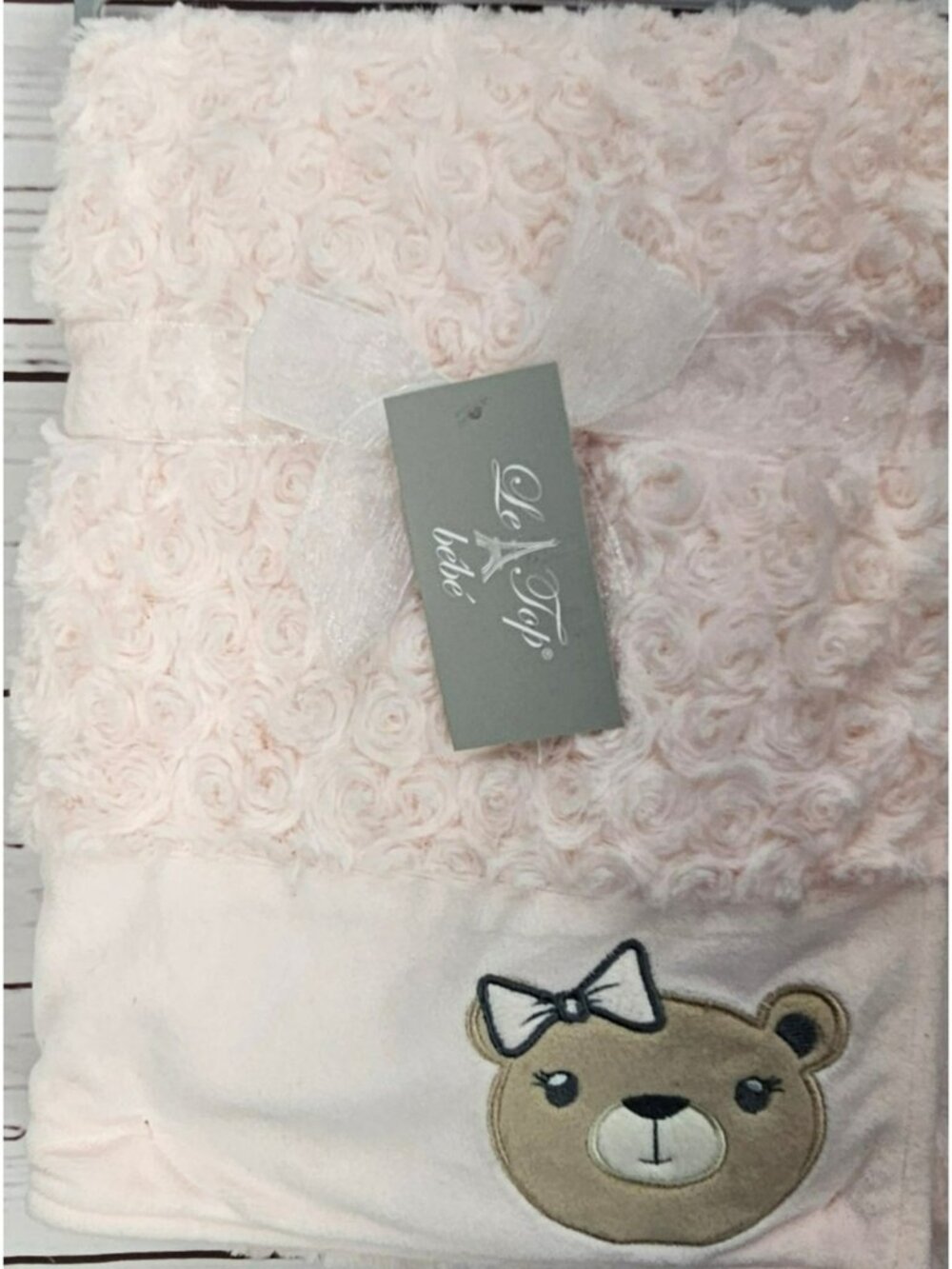 Le‎ Top Bébé Pink Swirl Plush Baby Blanket With Embroidered Bear Design - Soft